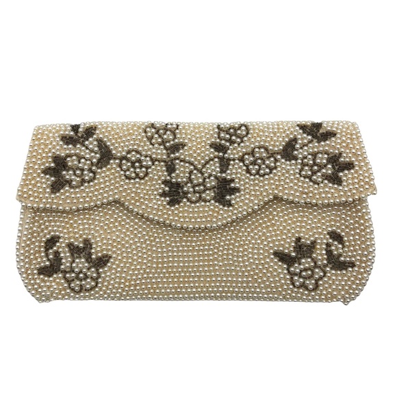 Vintage Handbags - VINTAGE Pearl & Sequin Cream Clutch Pouch Purse 50’s Beaded Ivory Flowers